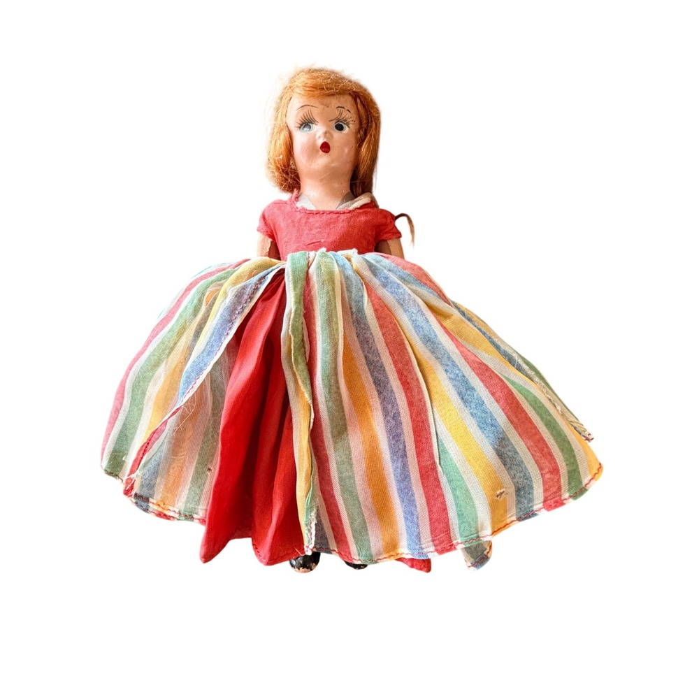 Vintage Cloth Doll 7.5in Red Hair Striped Skirt Good Folk Art Mid Century Kitsch